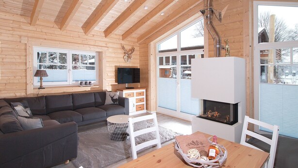 L’intérieur d’un chalet confortable, avec une cheminée, un canapé, une table à manger et un téléviseur.