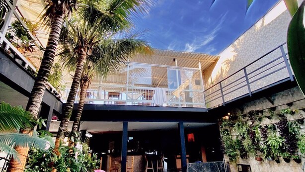 A pool area with palm trees, a covered seating area, and a wall of hanging plants. - Hostel Gravatá (Piracicaba)