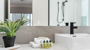 Dusche, Haartrockner, Handtücher, Seife