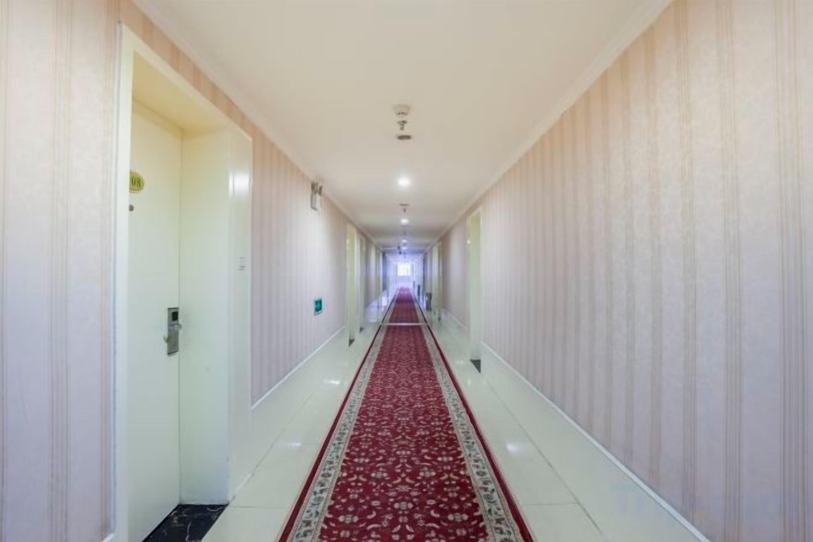 A long, narrow hotel corridor with a patterned carpet, doors on both sides, and a light-colored wall.