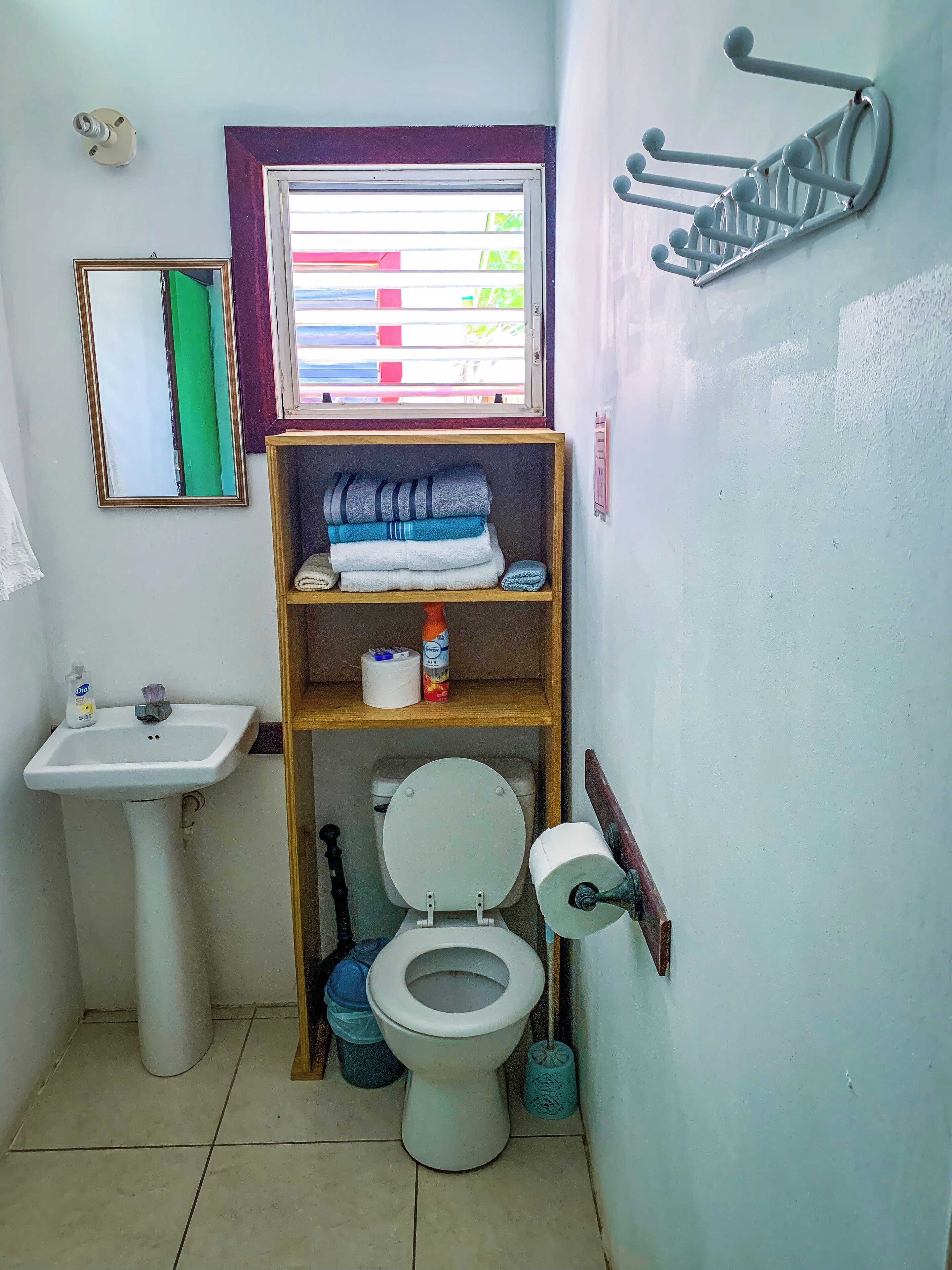 A small bathroom with a toilet, sink, and a window with a view of the outside.