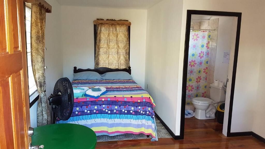 A small, compact room with a bed, a fan, and a toilet.