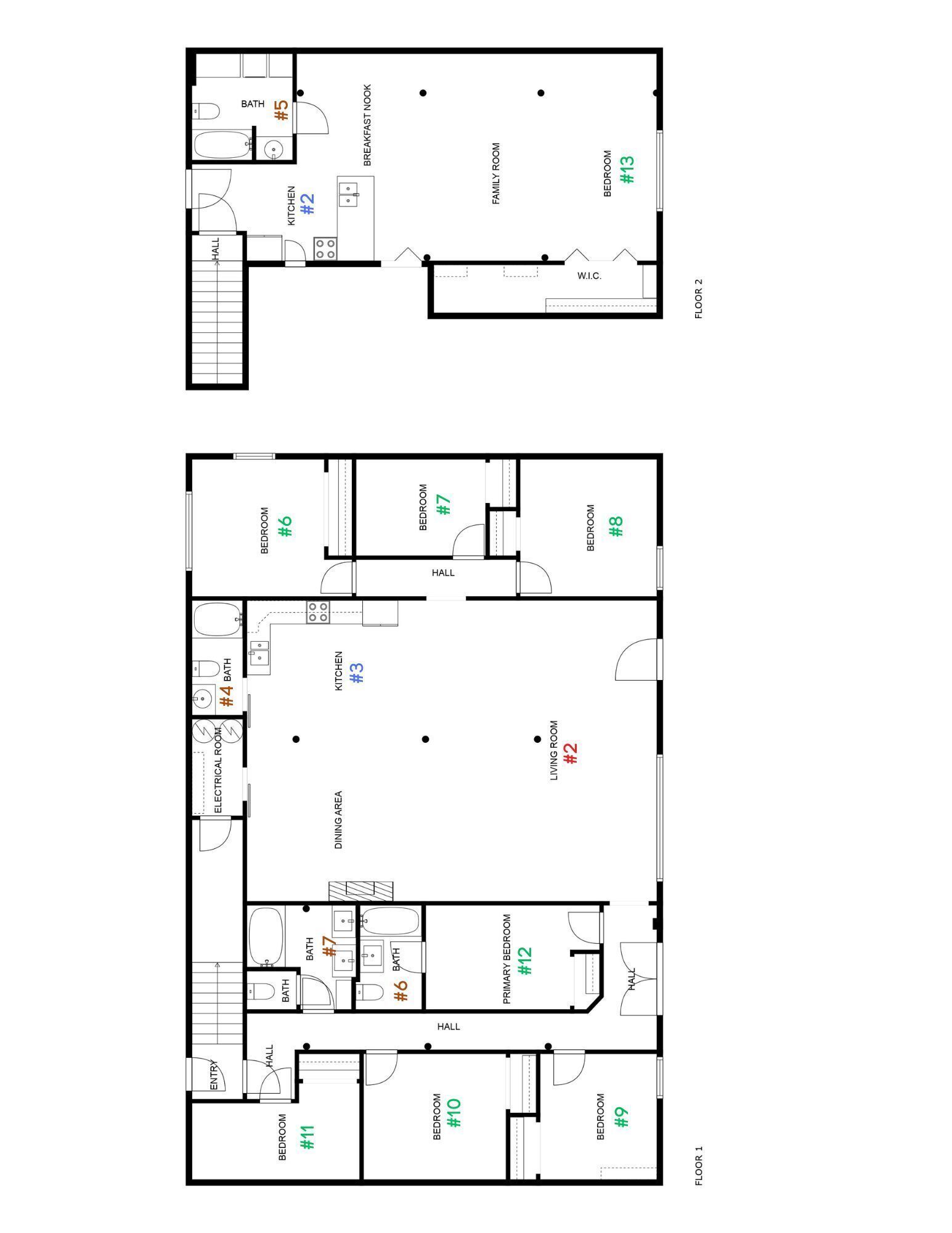 A floor plan of a hotel with multiple bedrooms, a kitchen, a dining area, and a living room.