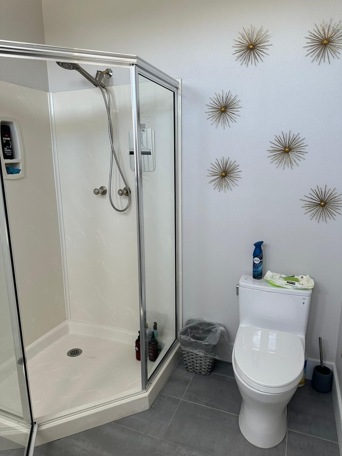 Een badkamer met een douchecabine van glas, een toilet en decoratieve wanddecoratie.