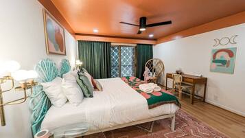 1 bedroom, desk, iron/ironing board, travel crib