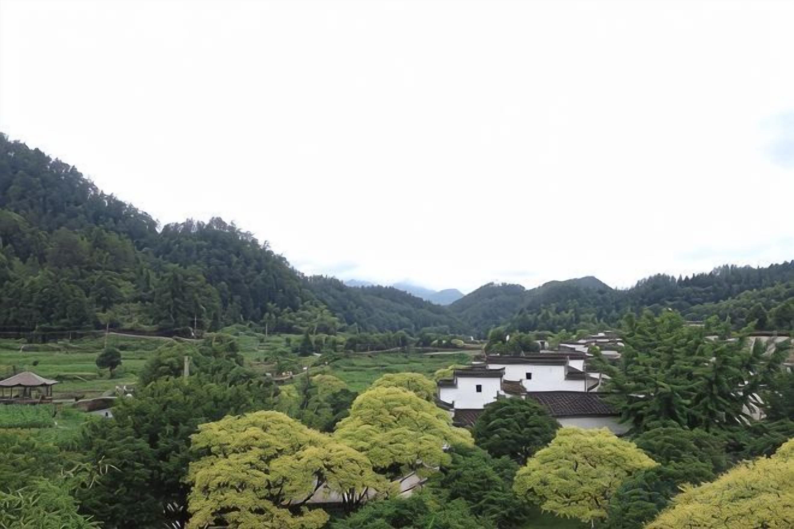 A rural landscape with traditional houses, lush greenery, and a hilly backdrop.