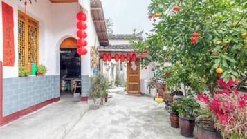 A courtyard with potted plants, a wooden gate, and a traditional building facade.