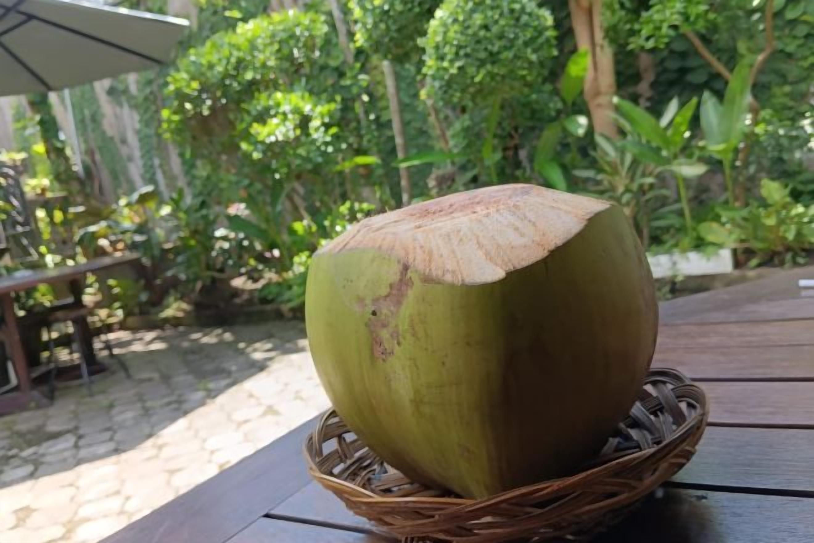 Un coco grande sobre una cesta de mimbre en una mesa de madera.