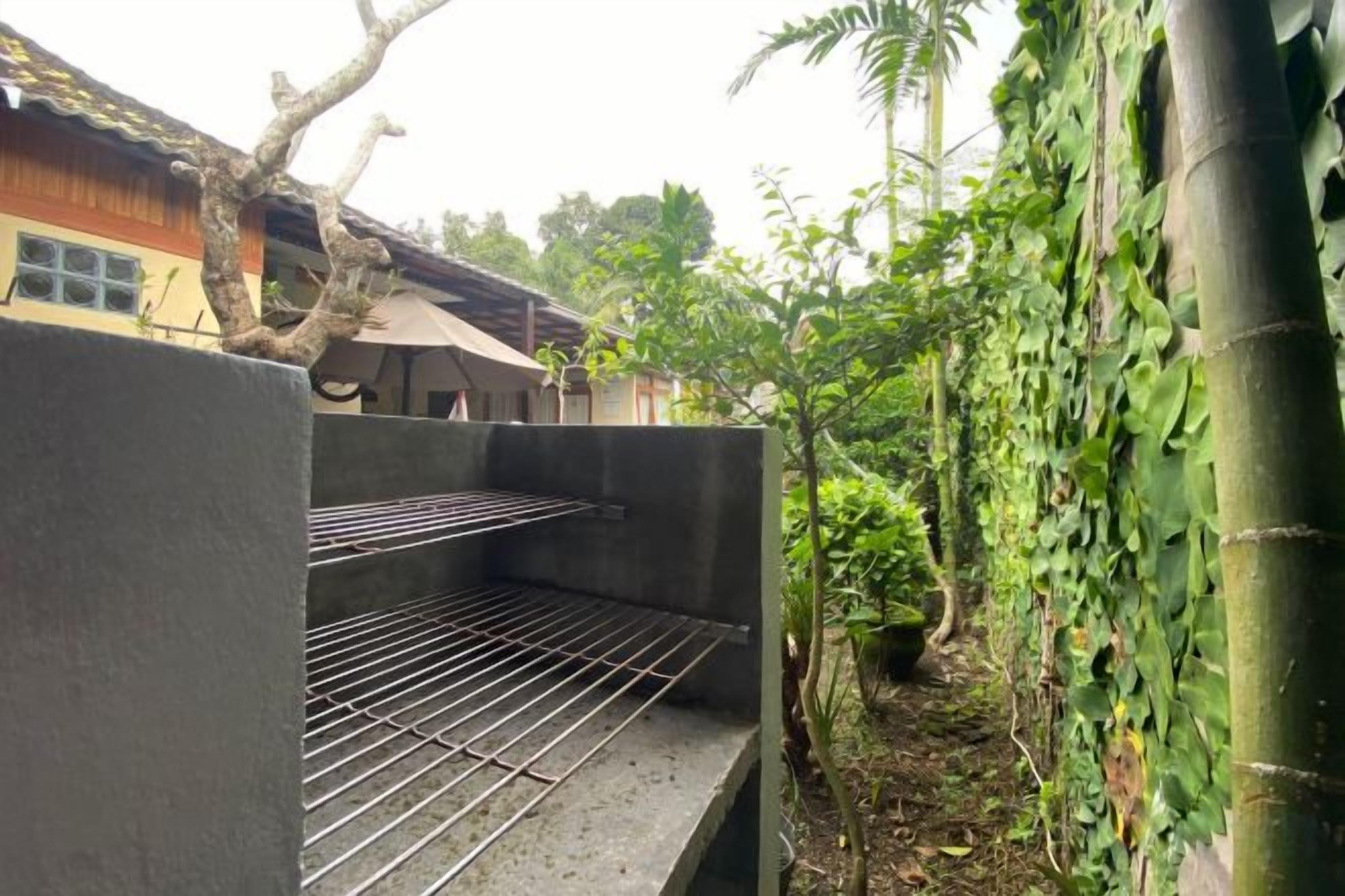 Un patio trasero con una parrilla, un árbol y una cerca de bambú.