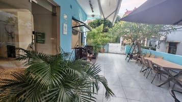 An outdoor patio area with tables and chairs, a large plant, and a blue wall.
