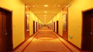 A hotel corridor with doors on both sides, a patterned carpet, and a long hallway.