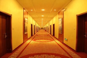 Un pasillo de hotel con puertas a ambos lados, una alfombra estampada y un largo recorrido.