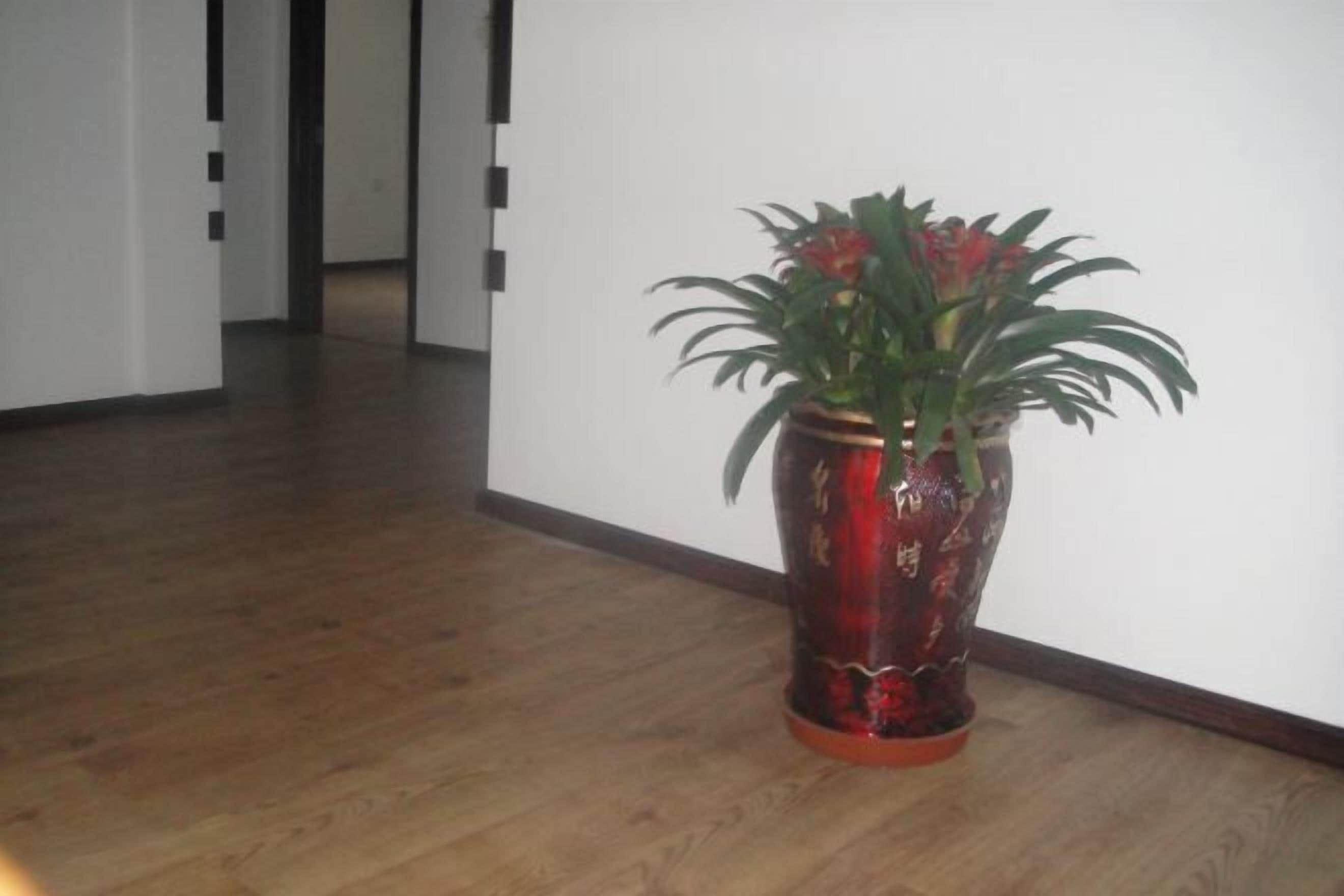A hallway with a wooden floor and a red vase with a plant on it.