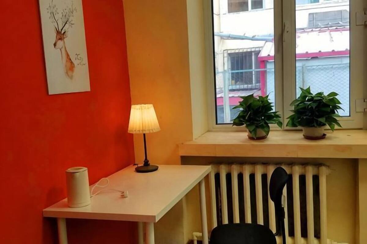 Une pièce avec un radiateur, un bureau doté d’une lampe, deux plantes en pot et une fenêtre donnant sur des immeubles.