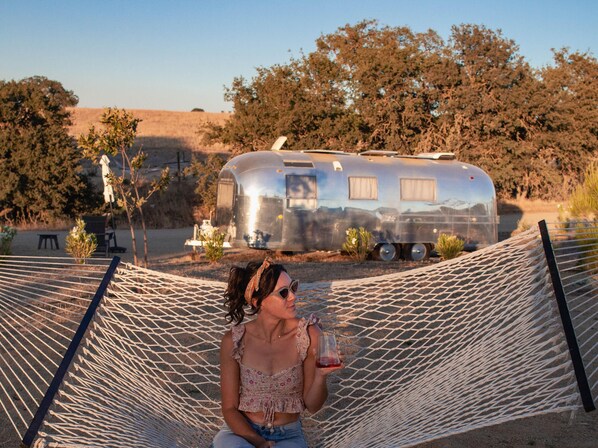 A hammock with a person sitting in it, a vintage trailer, and a desert landscape with trees and shrubs.