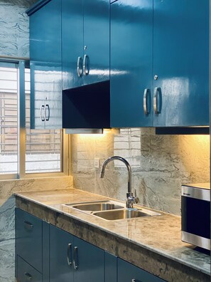 Microwave, dishwasher, electric kettle, blender