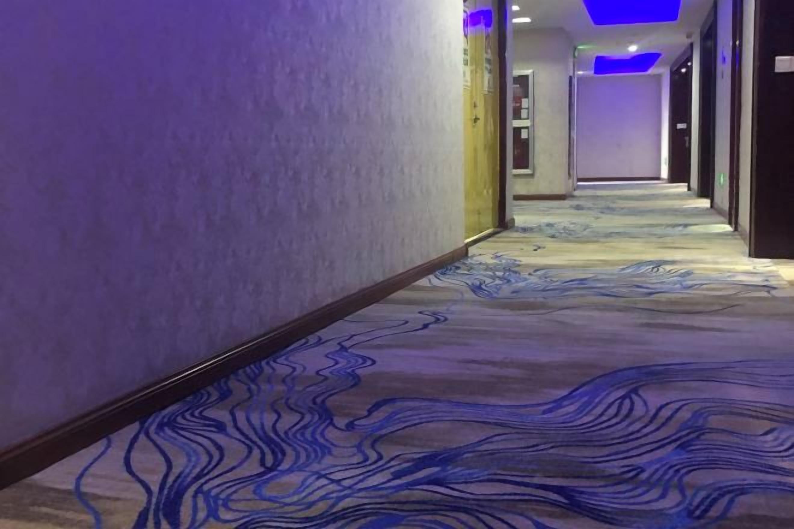 Un pasillo con alfombra estampada e iluminación empotrada.