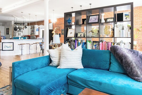 Téléviseur connecté, foyer, lecteur de DVD, livres