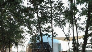 Un edificio moderno con un diseño geométrico único, rodeado de árboles y un área de grava con rocas.