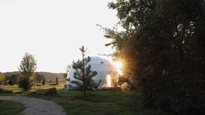 Una estructura de domo geodésico con un sendero de grava que lo lleva a él, rodeado de hierba y árboles.