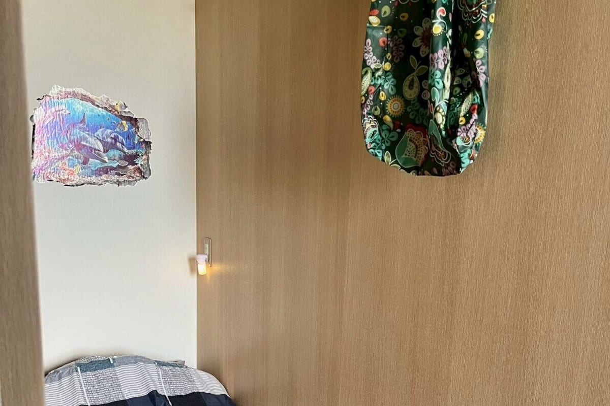 Una habitación pequeña y acogedora con una cama, un estante en la pared y un bolso colgado.