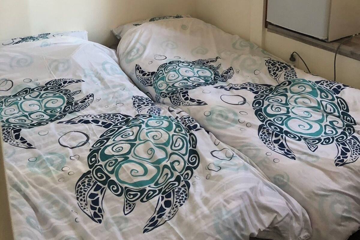 Un dormitorio con dos camas, cada una con cubrecama con diseño de tortuga, un cuadro de un atardecer sobre el océano en la pared y una ventana con cortina estampada de flores.