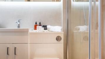 Eco-friendly toiletries, hair dryer, towels