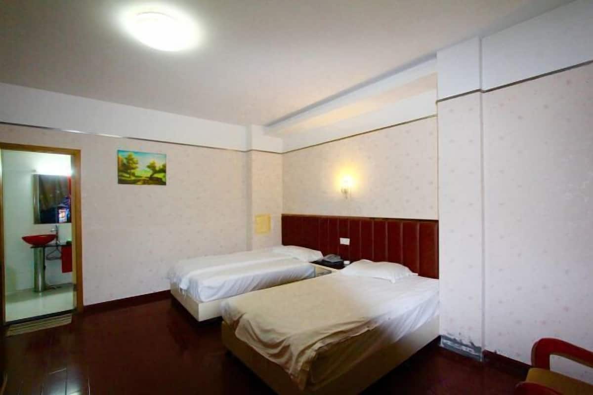 Una camera d'albergo con due letti singoli, un bagno piccolo con un lavandino e un armadio.