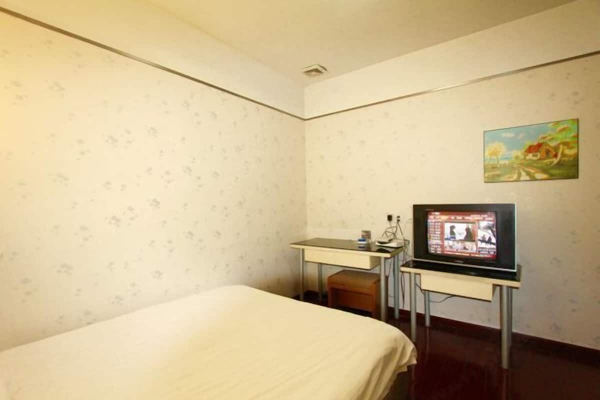 Una camera d'albergo con un letto, una scrivania con televisore e un quadro appeso al muro.