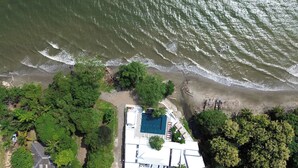 An aerial view of a beachside property with a swimming pool, dense greenery, and a sandy beach. - Hotel Boutique Palma Arena (Turbo)