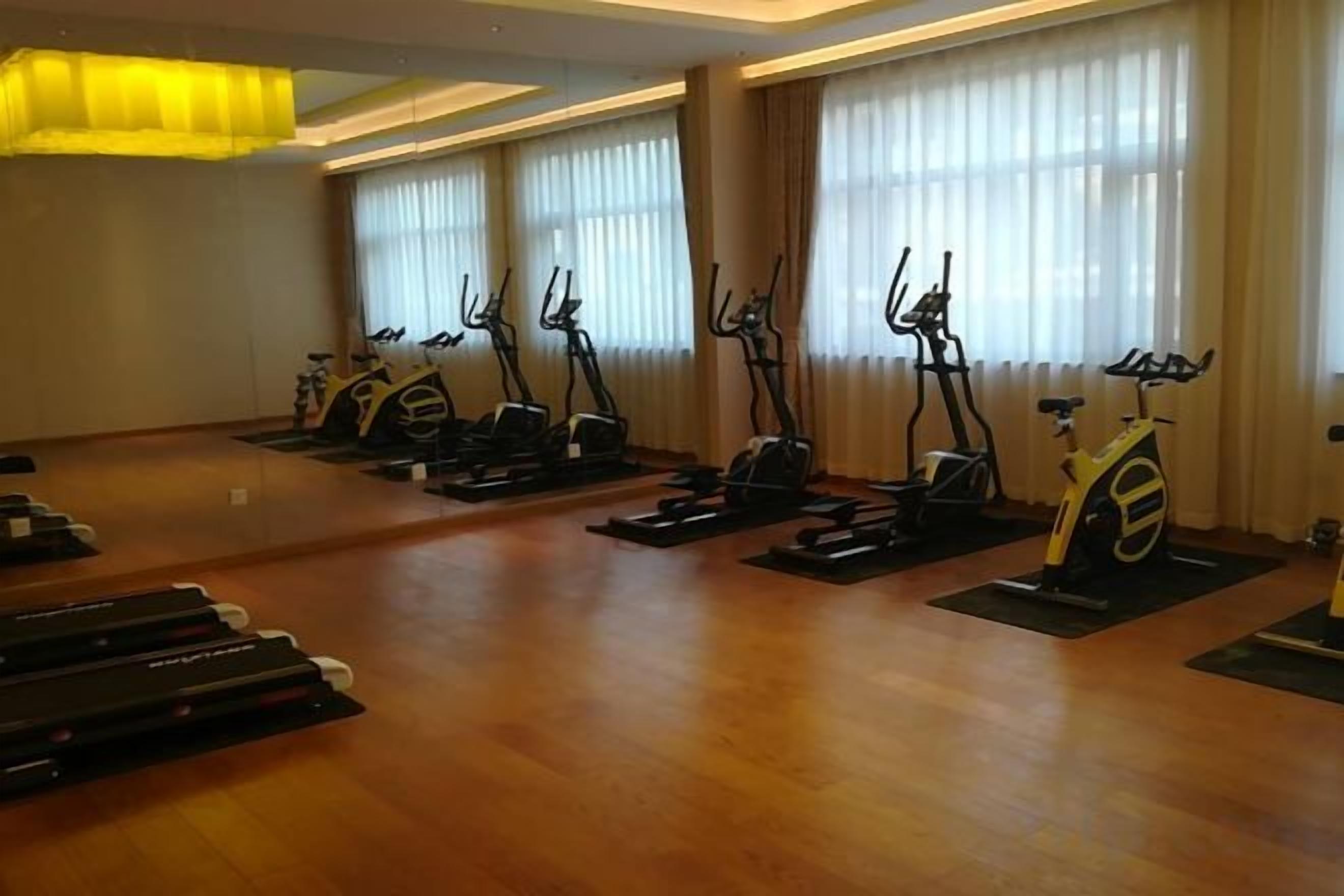 A gym with stationary bikes and treadmills arranged in rows.