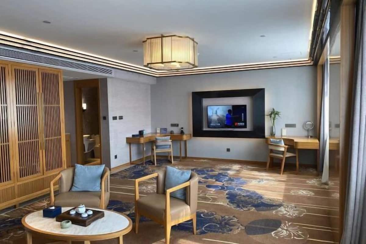A modern hotel room with a flat-screen TV, two wooden chairs, a round coffee table, and a decorative carpet.