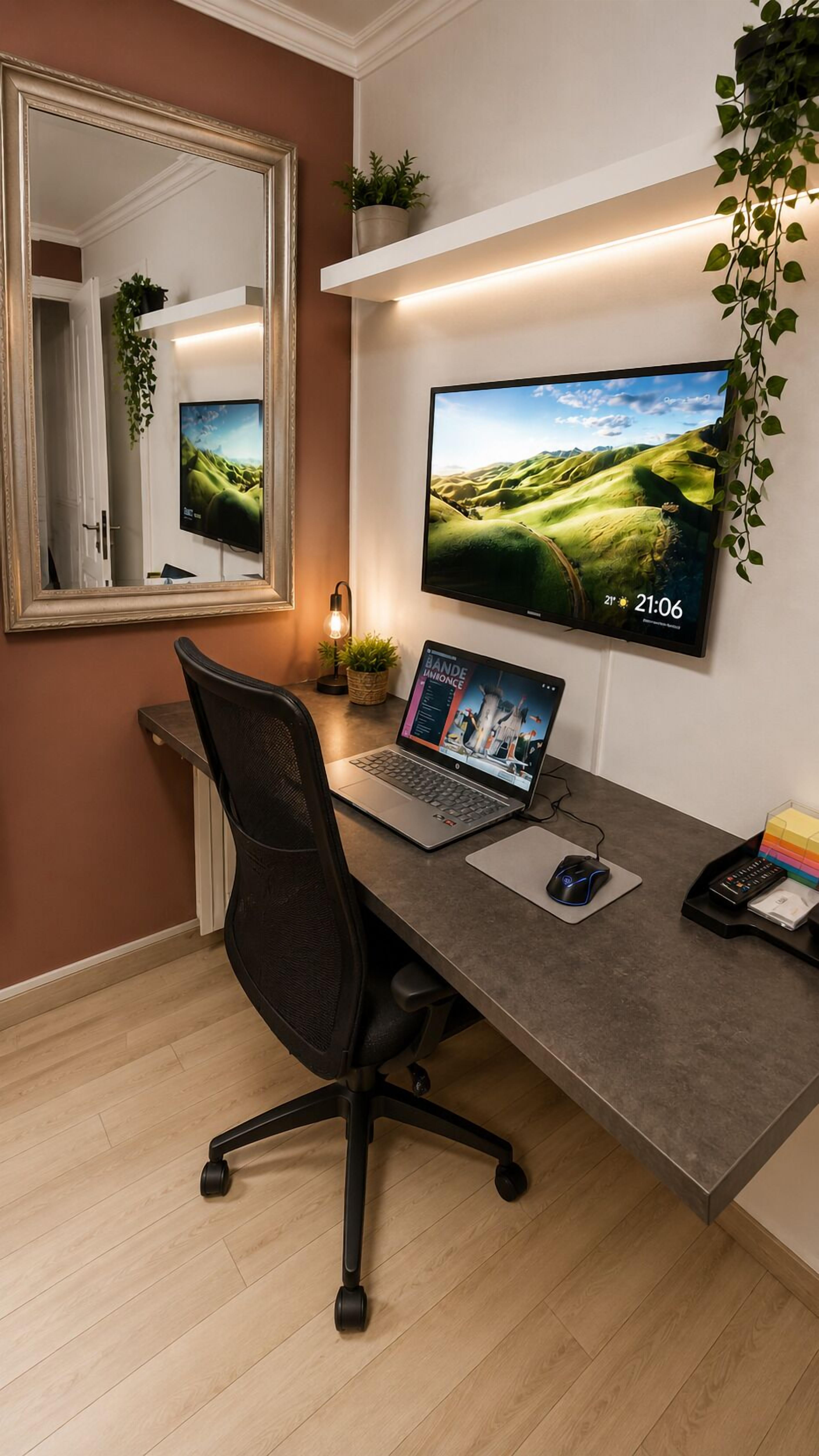 A modern office desk with a laptop, a desktop monitor, and a plant.
