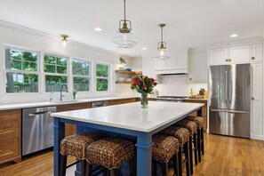A modern kitchen with a large island, stainless steel appliances, and a view of the outdoors through large windows. - Lake Minnetonka time! Fireplace,games,beach! (Wayzata)