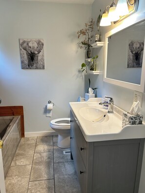 Shower, jetted bath, hair dryer, towels