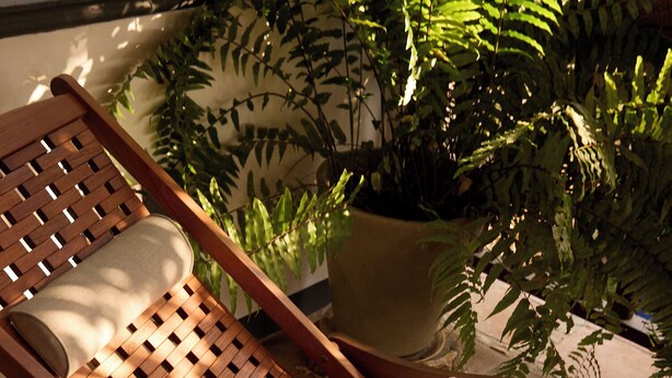 A wooden lounge chair with a woven backrest and a towel on it, placed on a tiled patio with a potted plant nearby.