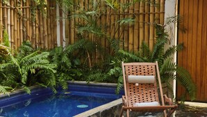 A stone pool with a wooden chair, surrounded by lush greenery and a bamboo fence.