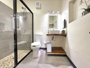 Un baño con cabina de ducha de vidrio, inodoro, lavabo con encimera de madera y espejo sobre el lavabo.
