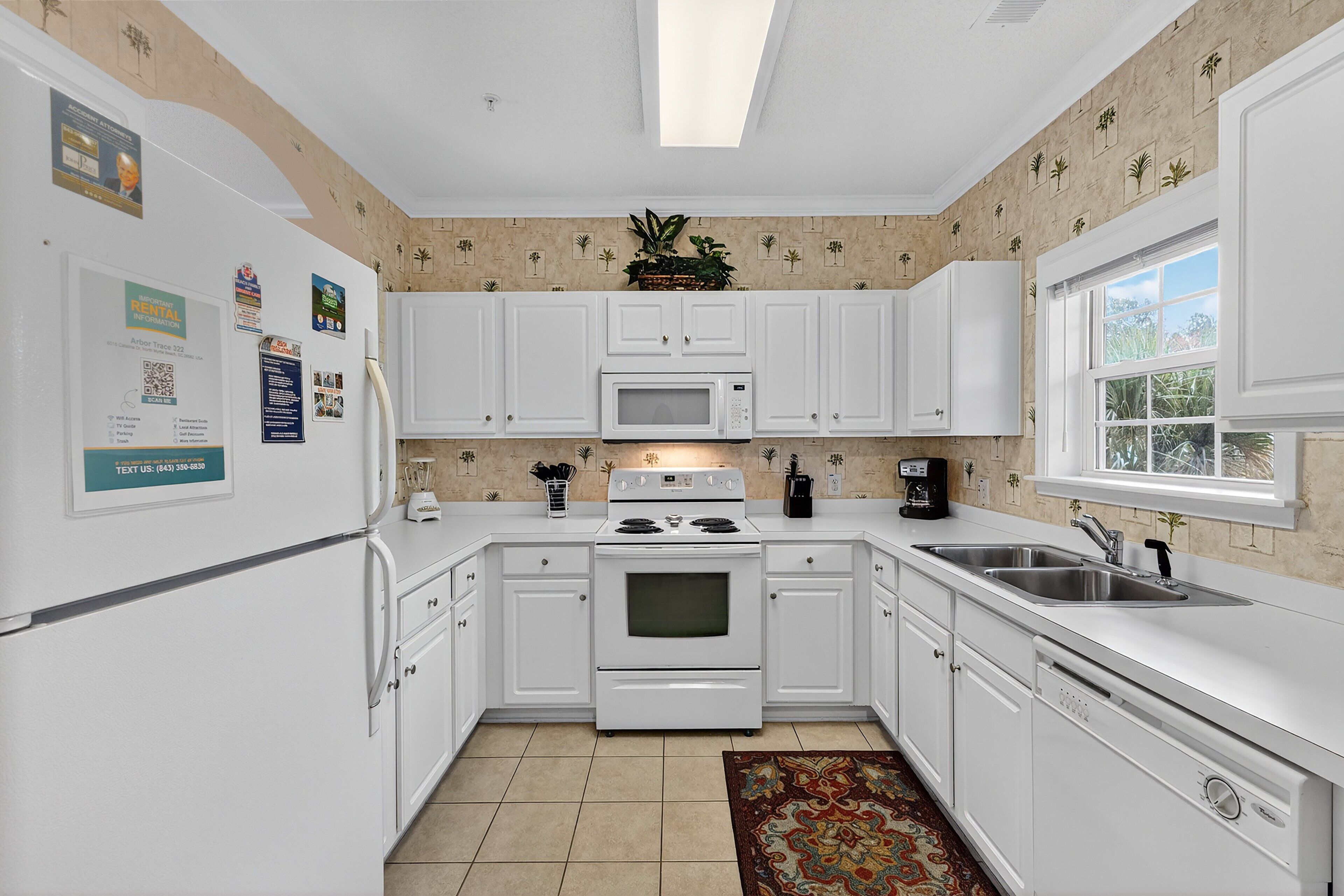 Fridge, microwave, dishwasher, coffee/tea maker