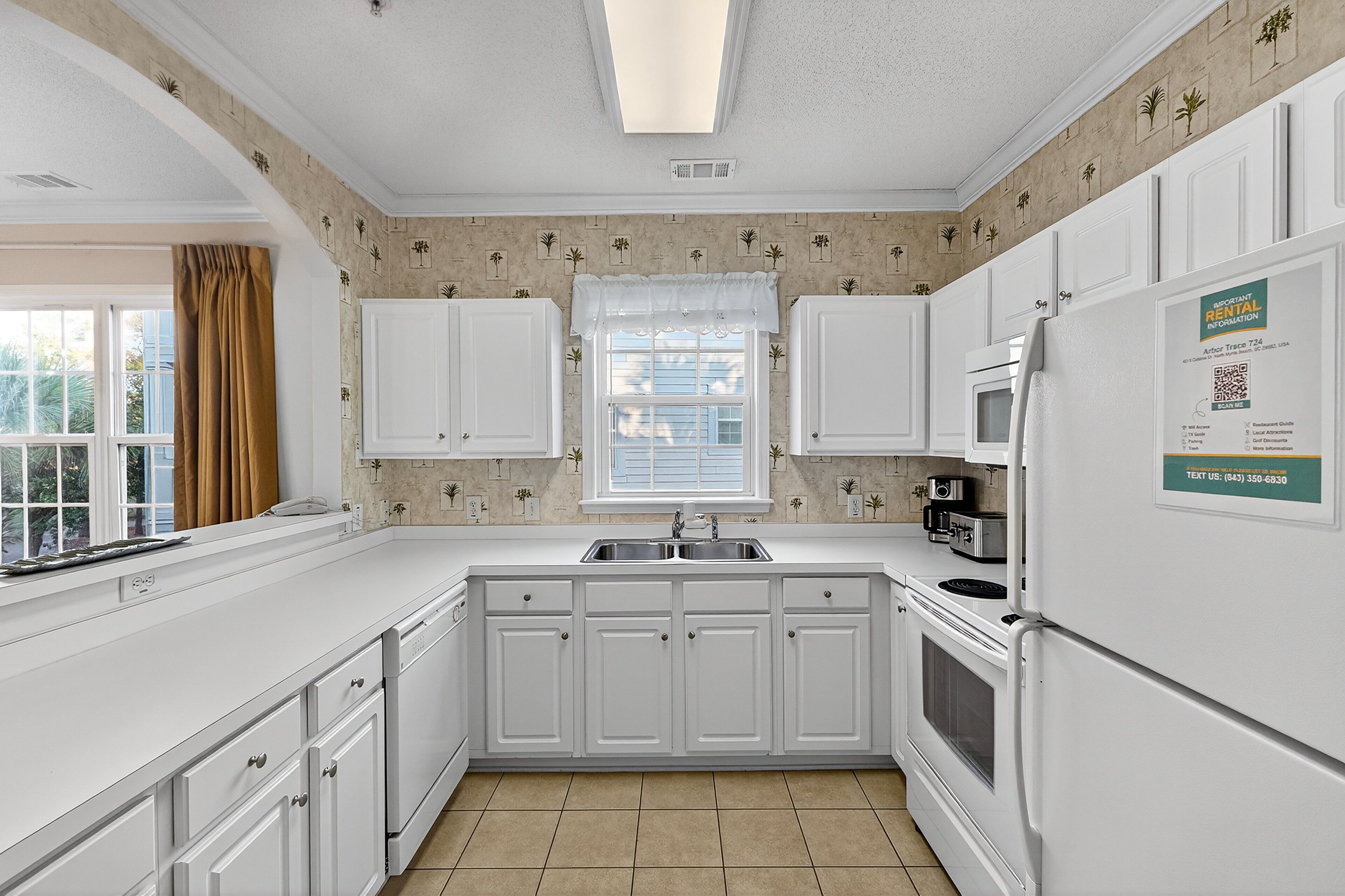 Fridge, microwave, dishwasher, coffee/tea maker