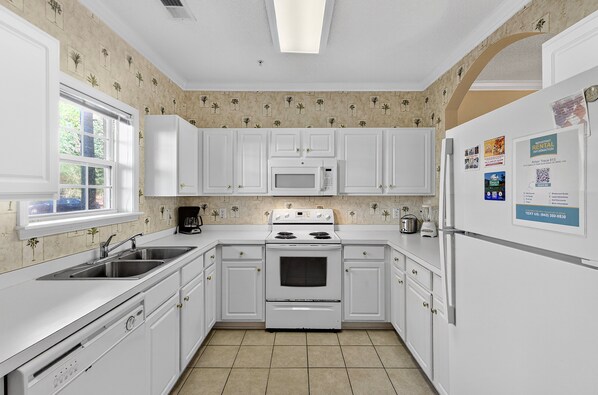 Fridge, microwave, dishwasher, coffee/tea maker