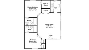 A floor plan with a master bedroom, queen bed, walk-in closet, kitchen, living room, sofa bed, bathroom, and double bed. - Beach Cottage Retreat | Relax by the Shore & Golf | GC 6 (Myrtle Beach)