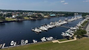 A marina with numerous boats docked along a riverbank, surrounded by greenery and residential buildings.