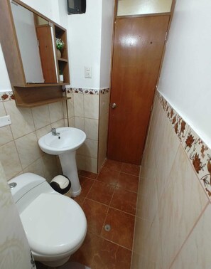 Een haardroger, handdoeken, toiletpapier