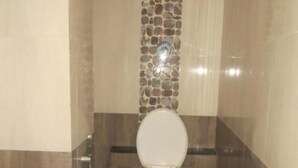 A bathroom with a stone mosaic wall, a toilet, and a shower. - Hotel Shree Aaradhy (Ujjain)