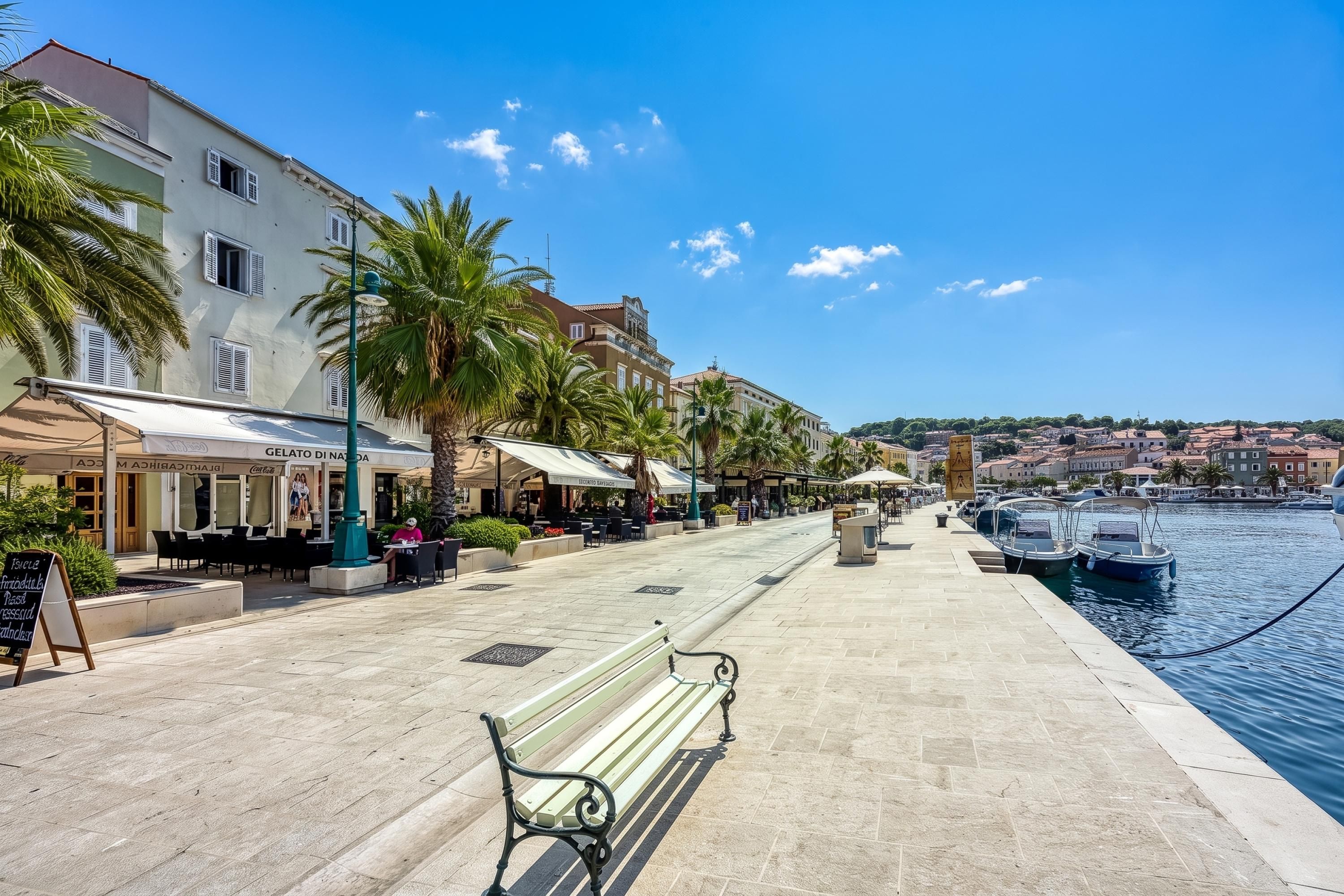 A waterfront promenade with benches, palm trees, and cafes.