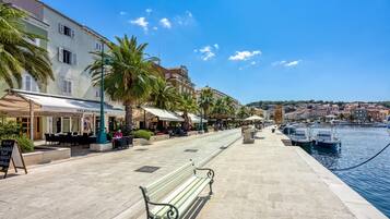 A waterfront promenade with benches, palm trees, and cafes.
