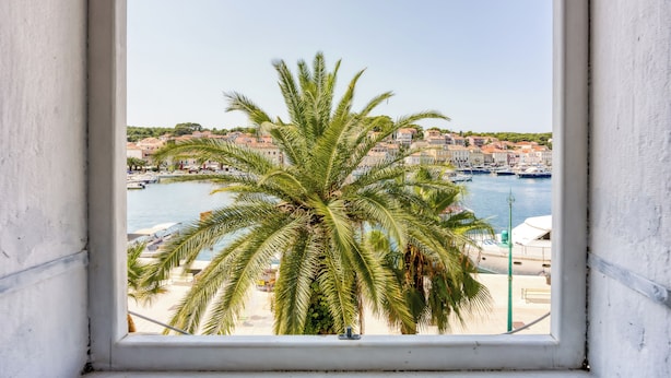 Une vue à travers une fenêtre sur une ville côtière, avec un palmier au premier plan et une marina avec des bateaux en arrière-plan.