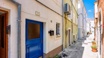 Una calle estrecha flanqueada por edificios, una puerta azul y una maceta verde pequeña en el suelo.