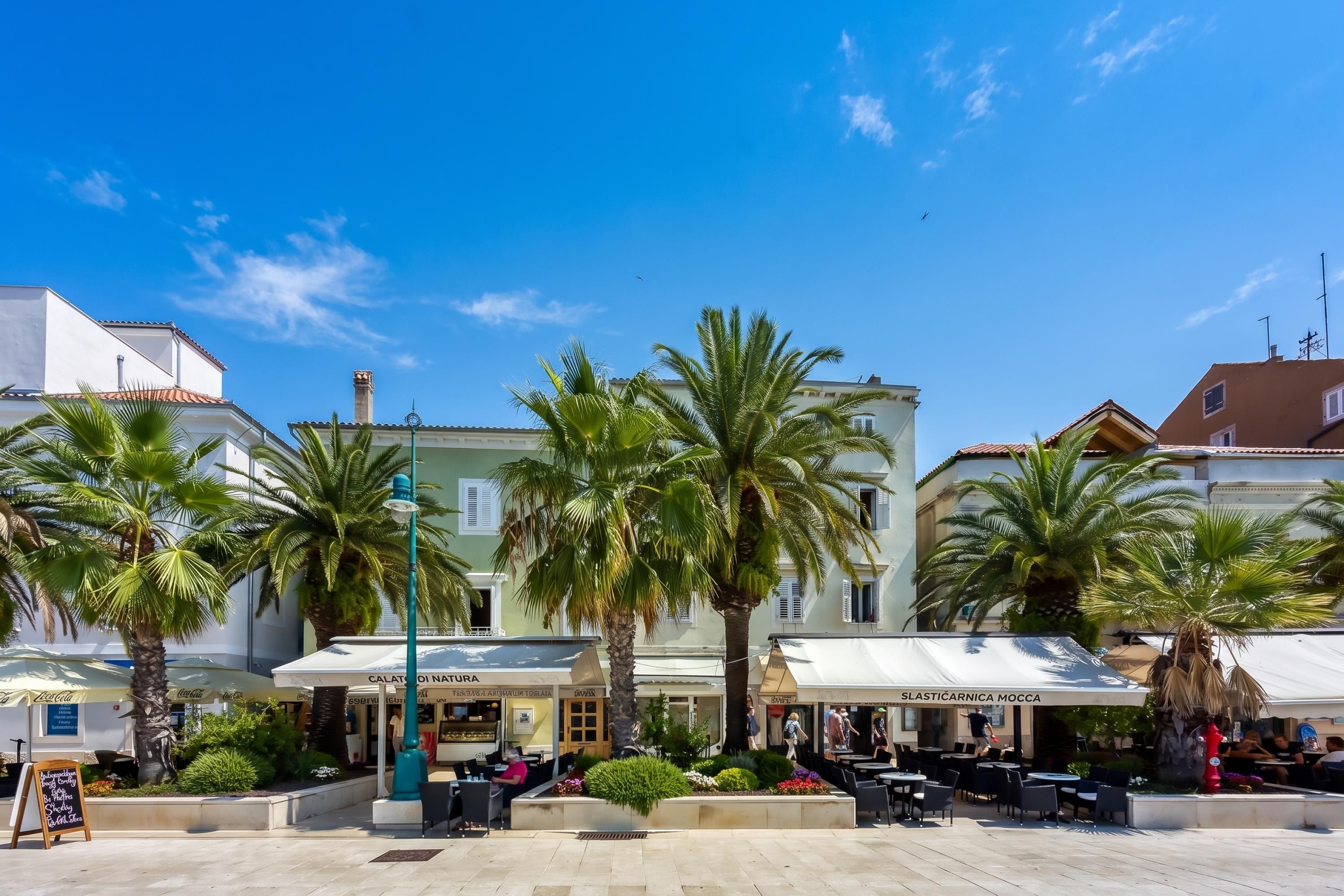 Una plaza pública con mesas al aire libre, palmeras y edificios con cafeterías.